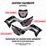 Honda CRF 110/50 signature kit custom race numbers layout, black and gray