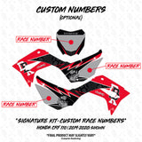 Honda CRF 110/50 signature kit custom race numbers layout, red and black