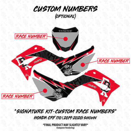 Honda CRF 110/50 signature kit custom race numbers layout, red and black