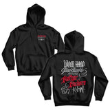 Black hoodie with front kangaroo pocket and small chest graphic logo
