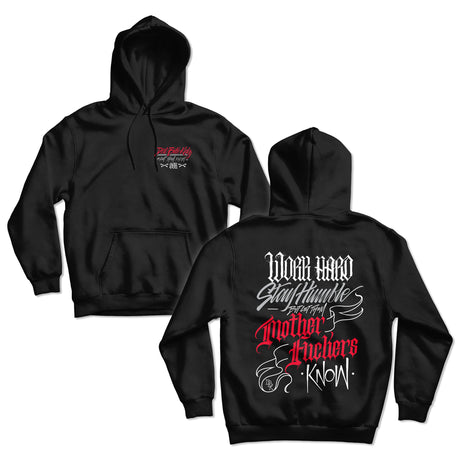 Black hoodie with front kangaroo pocket and small chest graphic logo