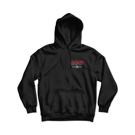Black hoodie with front pocket, hood, and small chest graphic logo