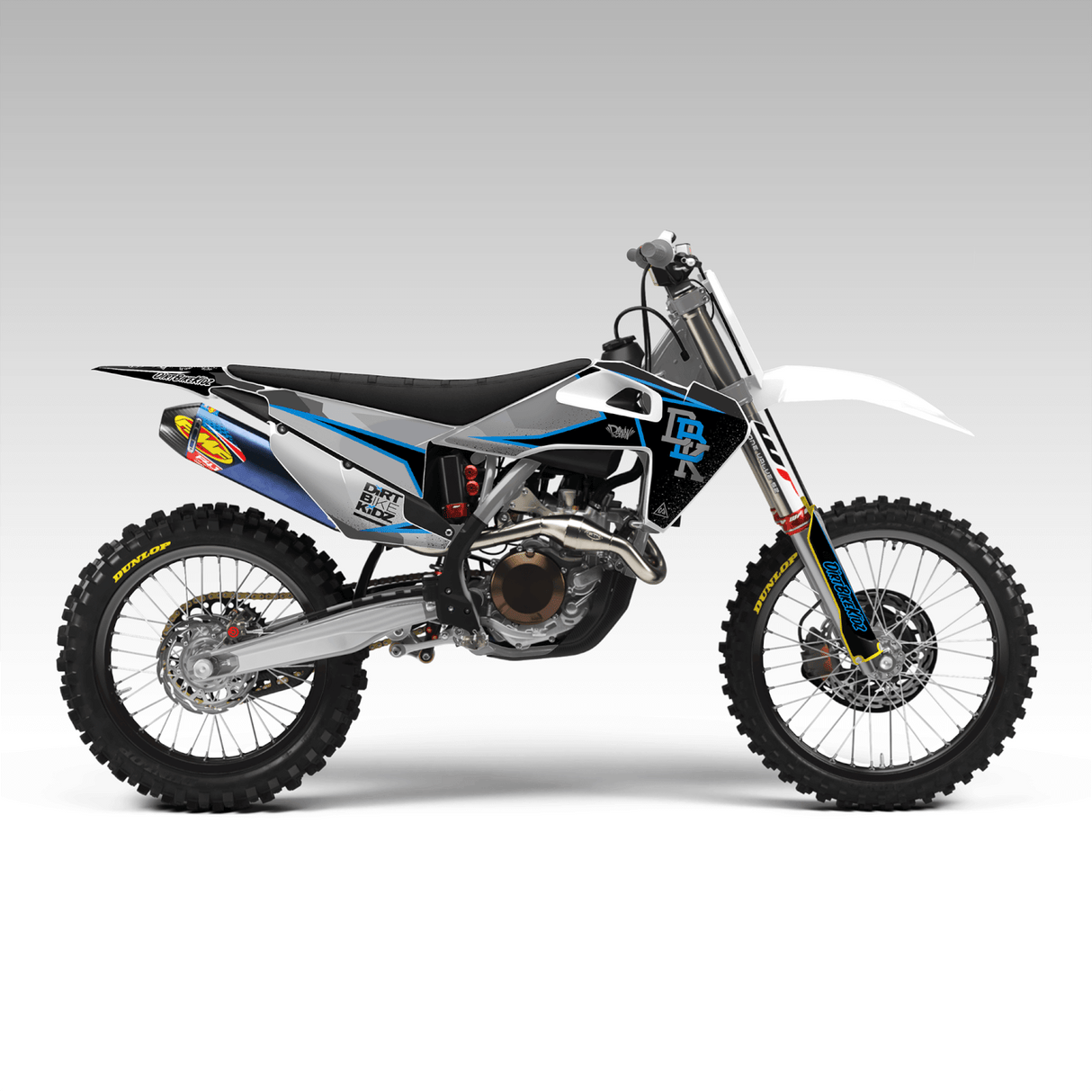 Off-road motorcycle graphic kit with blue, black, and white side decals and number graphics