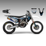 Off-road motorcycle graphic kit with matching fender, radiator, and fork decal pieces