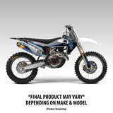 Off-road motorcycle graphic kit, blue and black decals on side panels and fork guards