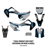 Motorcycle decal kit sheet with blue, black, and gray panels and matching graphic pieces
