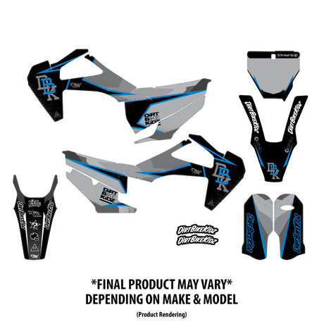 Graphic kit decals: front number plate, side panels, and fork guards in blue/black