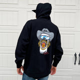 Navy pullover hoodie on model, with moto face and goggles graphic on back