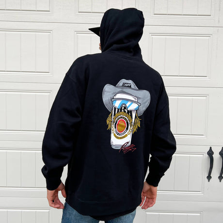 Navy pullover hoodie on model, with moto face and goggles graphic on back