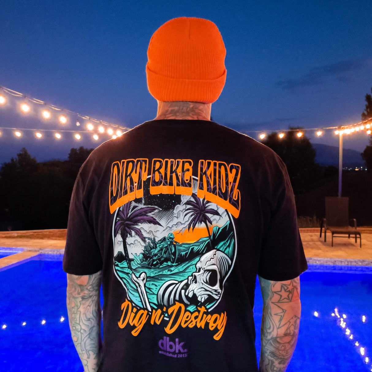 Black Boneyard tee with “DIRT BIKE KINGZ” back illustration and “Dig n’ Destroy”