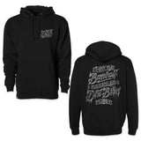 Black hoodie with chest graphic and front kangaroo pocket