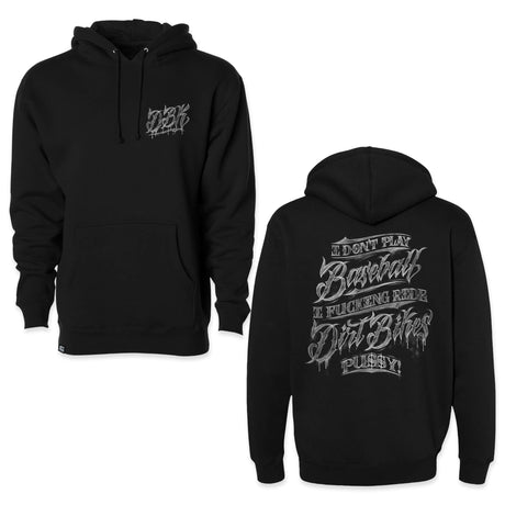 Black hoodie with front logo graphic and kangaroo pocket