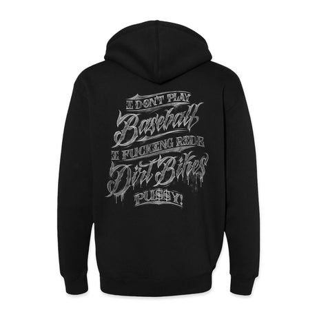 Black hoodie back print text graphic across shoulders
