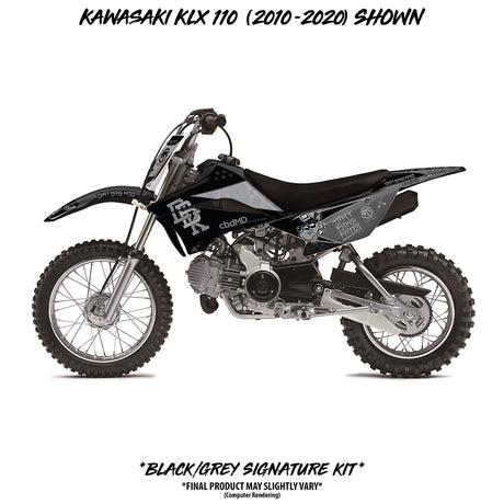 Kawasaki KLX 110 Signature Kits dirt bike with black and gray graphics, side view