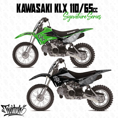 Kawasaki KLX 110/65 Signature Kits graphic dirt bike in green and black, side view