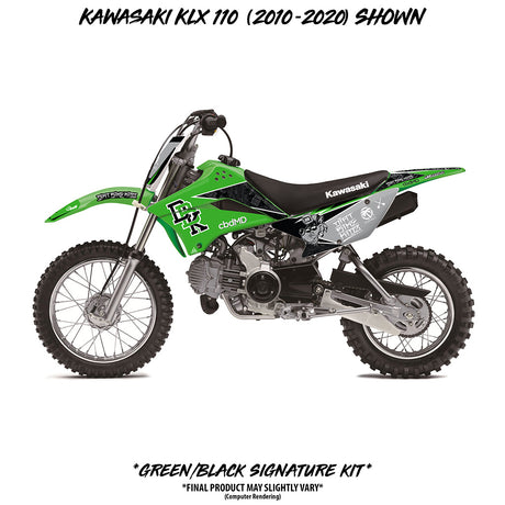 Kawasaki KLX 110 Signature Kits dirt bike with green and black graphics, full side view