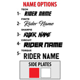 Motorcycle graphics customization options card showing side plates with red and blank panels