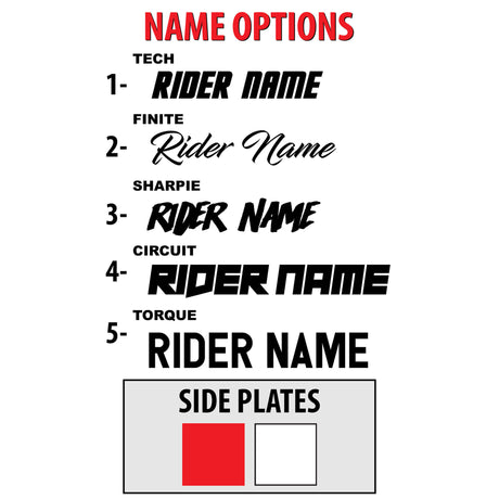 Opciones de nombres para rider name en kit de gráficos KLX 110/65, side plates