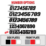 Motorcycle graphics number style options card with side and front plate color blocks