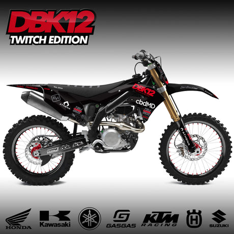 DBK12 Twitch Edition mini dirt bike, black frame, gold forks, knobby tires