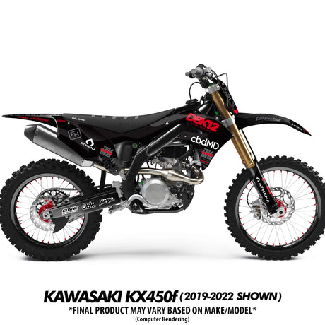 DBK12 Twitch Edition dirt bike with black-and-red graphics and gold front fork