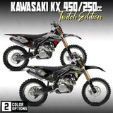 Kawasaki KX450F/KX250F graphics kit with black and yellow body panels and decals