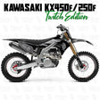Motorcycle graphics kit for Kawasaki KX450F/250F, black and silver with green accents