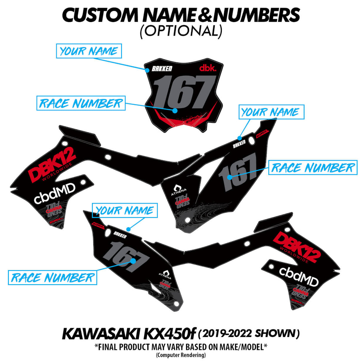 Motorcycle graphic kit with custom name and race number placement on black panels
