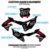 Motorcycle graphic kit with custom name and race number placement on black panels