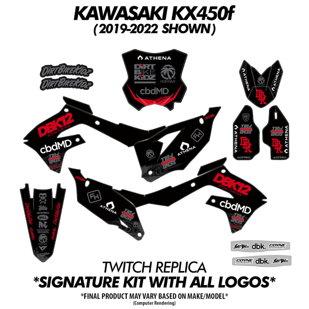 Motorcycle decal/graphic kit sheet with multiple black panels and red accents
