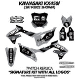 Motorcycle graphics decal kit sheet with black and gray pieces for off-road panels.