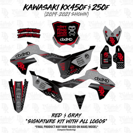 Kawasaki KX450F/KX250F decal kit parts in black with red and gray accents
