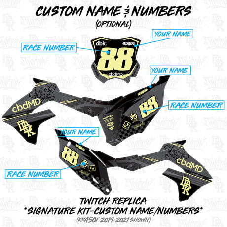 Kawasaki KX450F/KX250F graphics kit with customizable name and race number decals
