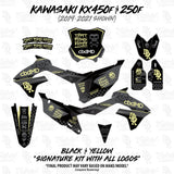 Kawasaki KX450F/KX250F decal kit parts in black with yellow accents and side plate graphics