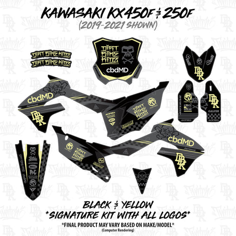 Kawasaki KX450F/KX250F decal kit parts in black with yellow accents and side plate graphics