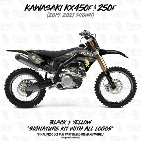 Kawasaki KX450F/KX250F motorcycle graphics kit in black with yellow side and front panels