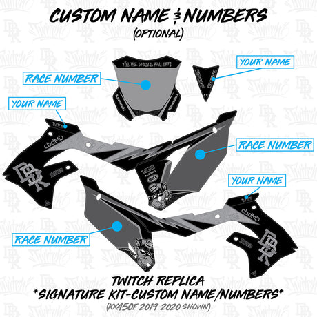 Motorcycle graphics decal set with custom name and number placement guides