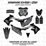 Motorcycle graphics decal set layout, black and gray panels with matching trim pieces