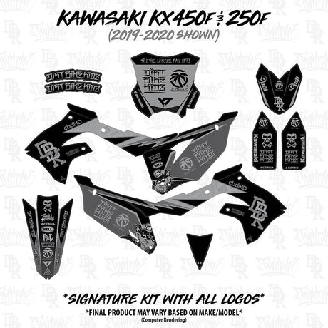 Motorcycle graphics decal set layout, black and gray panels with matching trim pieces