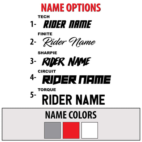 Name options for rider name, tech, sharpie, and circuit styles