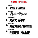 Custom graphics name options chart showing rider name style examples and circuit option.