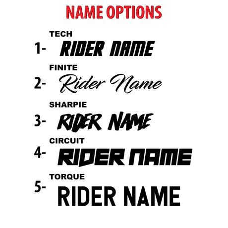 Name options list for rider name text on the Twitch Edition graphics kit