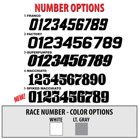Race number options with color choices: white and light gray