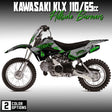 Kawasaki KLX 110 decal graphics kit on dirt bike, black and blue side panels