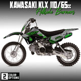 Kawasaki KLX 110 decal graphics kit on dirt bike, black and blue side panels