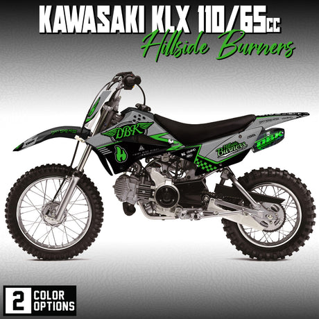 Kawasaki KLX 110/65 Hillside Burners graphics kit on off-road motorcycle side view