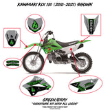 KLX 110 graphics kit layout showing green-gray bike with panel and fender decals