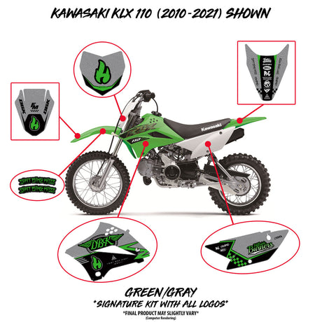 KLX 110 (2010–2027) kit layout showing green bike and multiple decal pieces