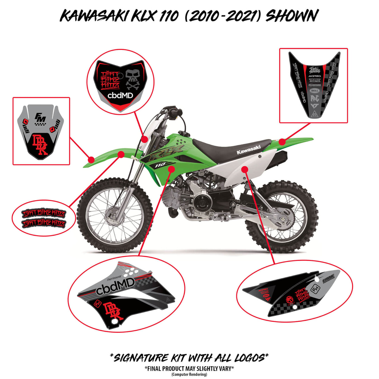 Motorcycle graphics kit on dirt bike with black/red decals and highlighted side panel pieces
