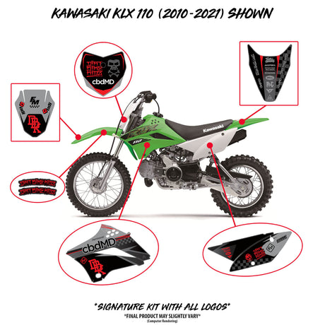 KLX 110 (2010-2027) kit con ubicaciones de piezas; gráficas, placas laterales y frontal